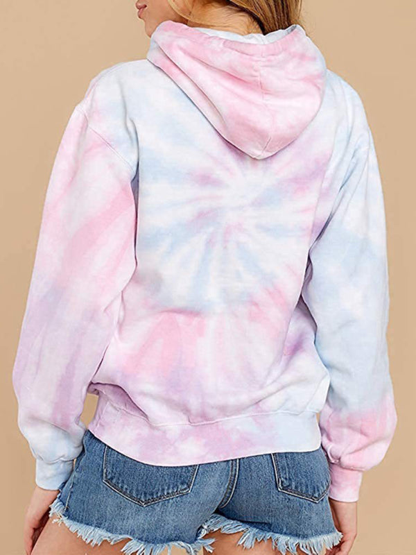 Women’s Drawstring Hood Hued Tie-dye Washes Kangaroo Pocket Hoodie