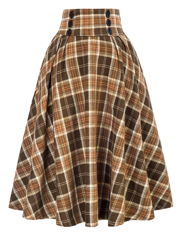 Women’s Plaid Print Buttons High Waist Midi Skirt