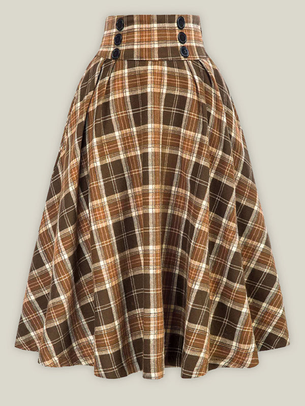 Women’s Plaid Print Buttons High Waist Midi Skirt