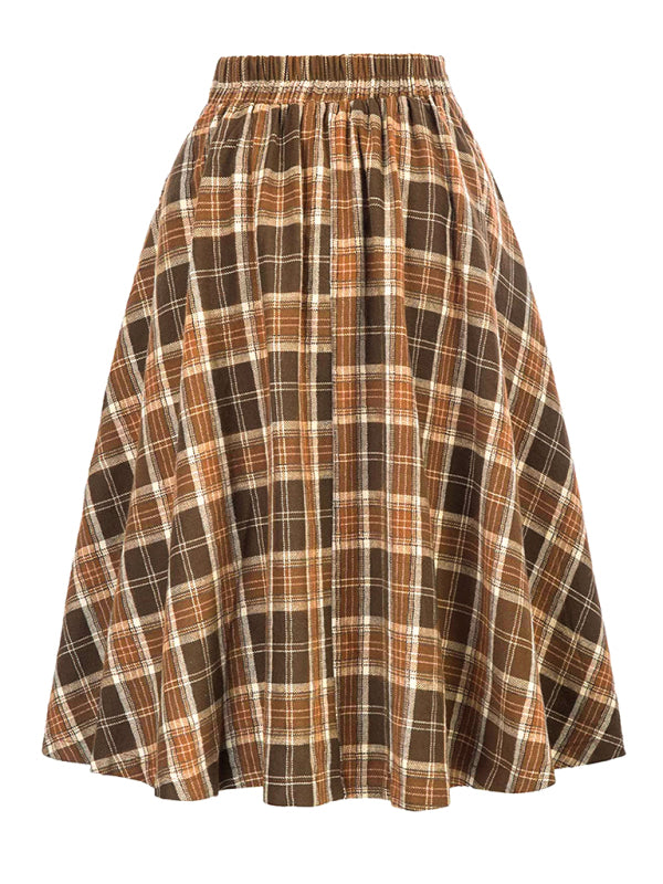 Women’s Plaid Print Buttons High Waist Midi Skirt