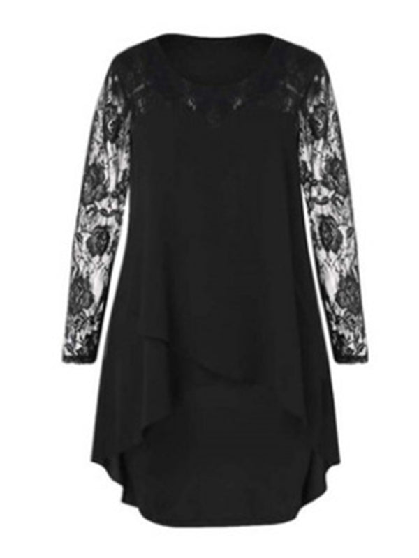 Women’s Plus Size Solid Color Long Sleeve Lace Midi Slit Lace Dress