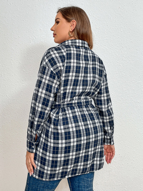 Women’s Plus Size Plaid Pattern Long Sleeve Button Down Waist Tie Longline Shirt