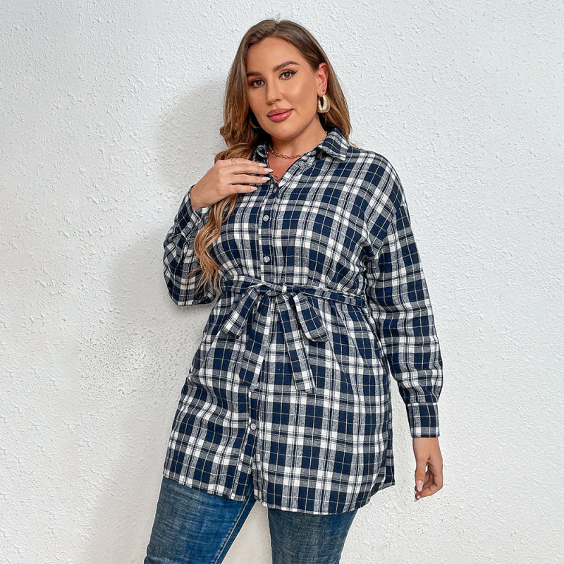 Women’s Plus Size Plaid Pattern Long Sleeve Button Down Waist Tie Longline Shirt