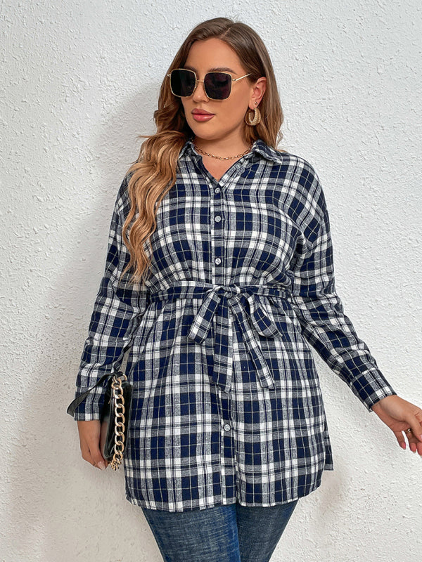 Women’s Plus Size Plaid Pattern Long Sleeve Button Down Waist Tie Longline Shirt
