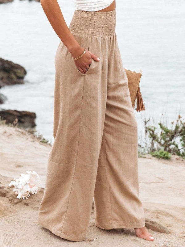 Casual wide-leg cotton and linen loose trousers