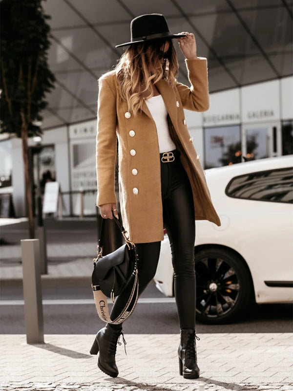 Autumn and winter long sleeve double breasted woolen coat