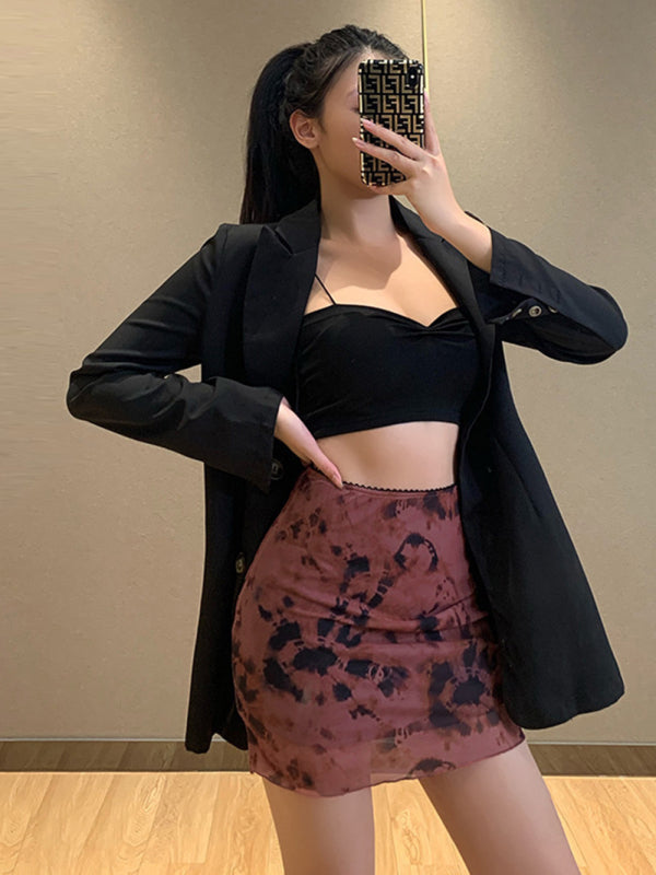 Printed mesh skirt high waist double layer slim wrap hip skirt