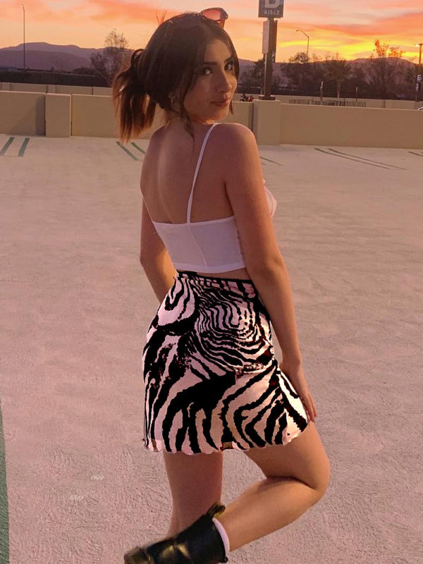 Printed mesh skirt high waist double layer slim wrap hip skirt