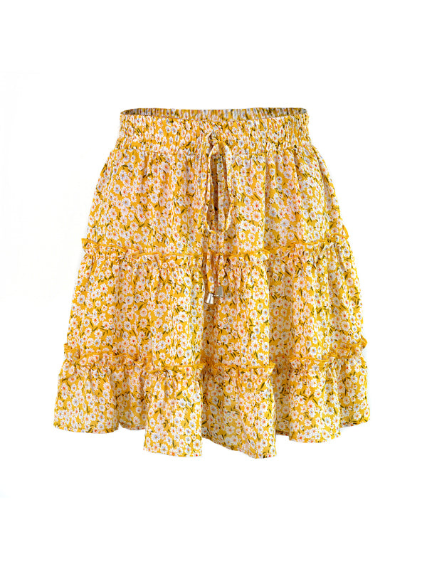 Women's Solid Color Tiered Ruffle Waist Tie Mini Skirt