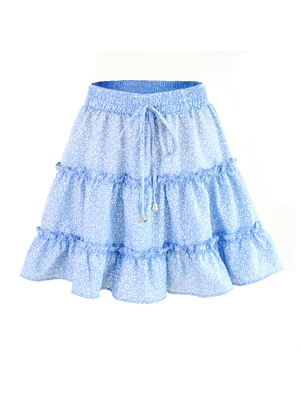 Women's Solid Color Tiered Ruffle Waist Tie Mini Skirt
