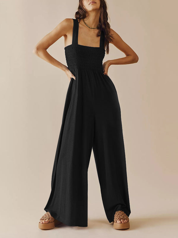Women's Square Neck Casual Slim Pleated Jumpsuit