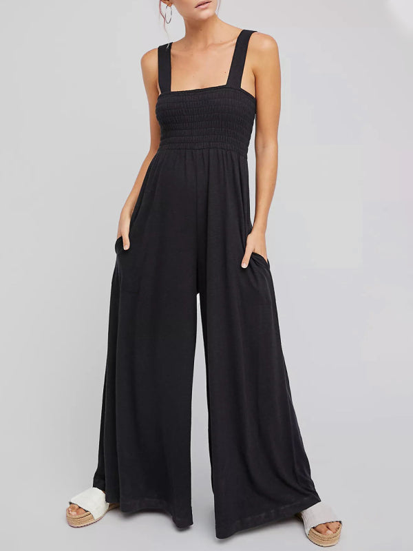 Women's Square Neck Casual Slim Pleated Jumpsuit
