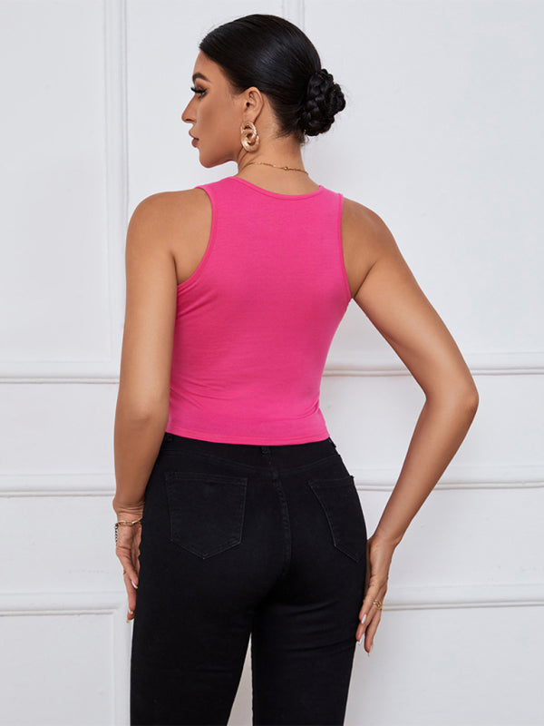 Women's Solid Color Knit Y-neckline Cropped Henley Tank Top