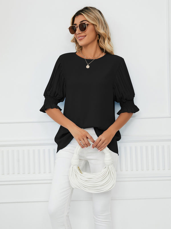 Women's Solid Color Puff-sleeve Crewneck Top