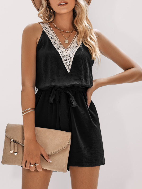 Women's Style Lace Trim Waist Tie Romper