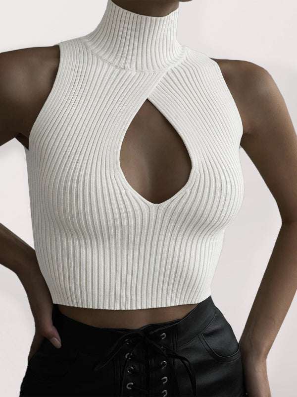 Women's Solid Color Cutout Sleeveless Sleeve Turtle Neck Rib Sweater