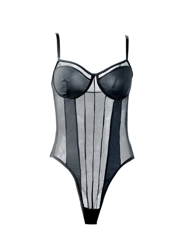 Women's Solid Color Mesh & Lace Bodysuit