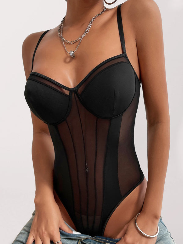 Women's Solid Color Mesh & Lace Bodysuit