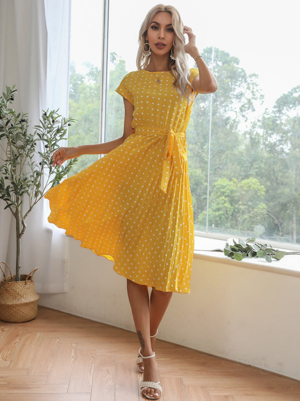 Women's Polka Dot Short Sleeve Pleated Midi Dress