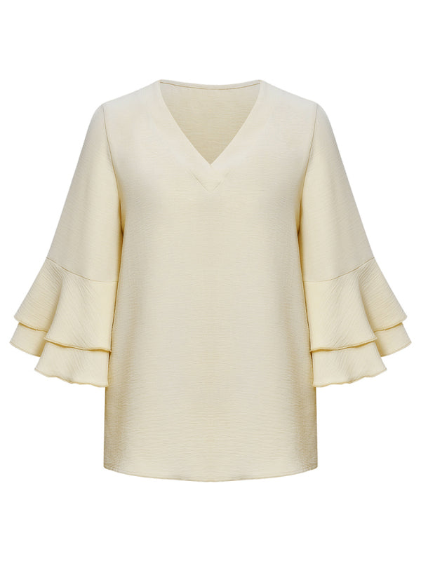 Women's Solid Color Ruffle Sleeve V-neck Blouse