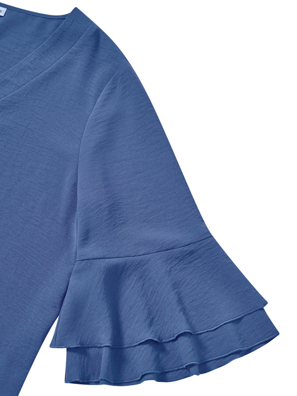 Women's Solid Color Ruffle Sleeve V-neck Blouse