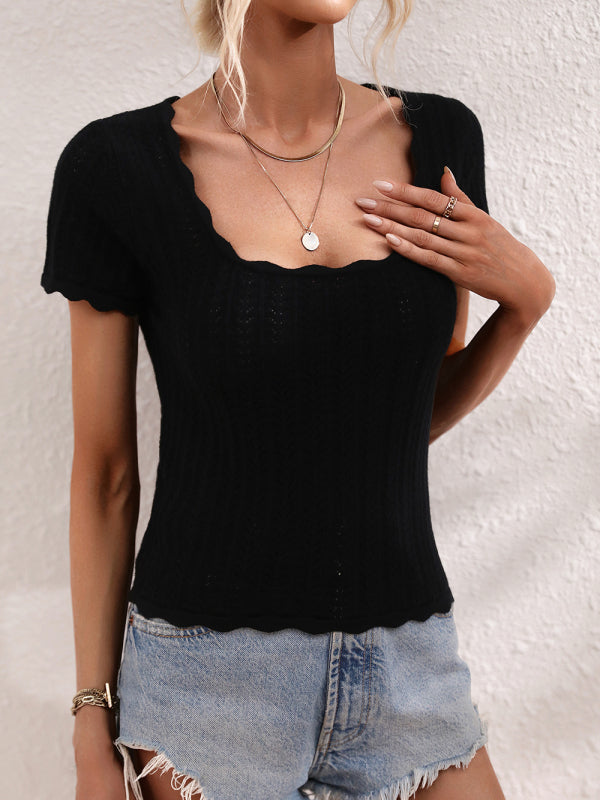 Women's Solid Color Open Knit Square Neck Sweater