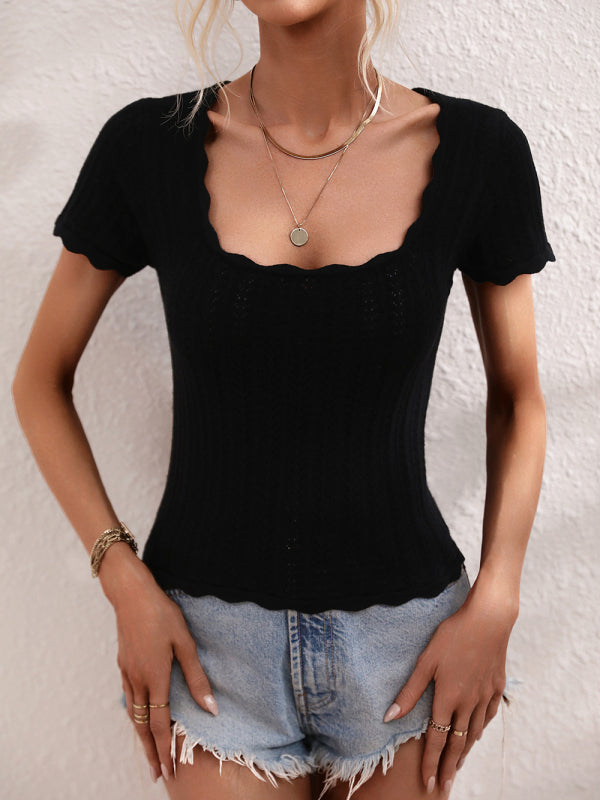 Women's Solid Color Open Knit Square Neck Sweater
