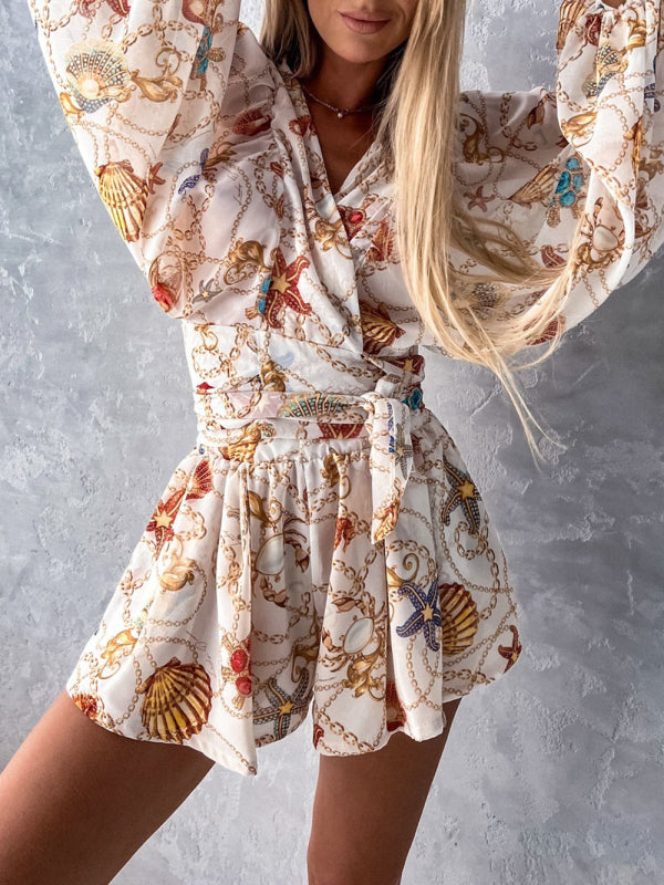Women's Tropical Print Faux Wrap Puff Sleeve Romper