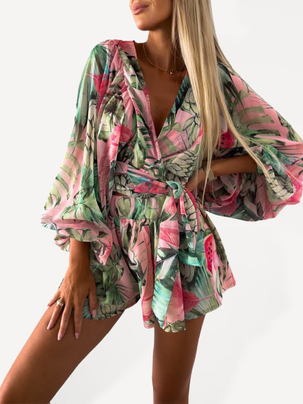 Women's Tropical Print Faux Wrap Puff Sleeve Romper