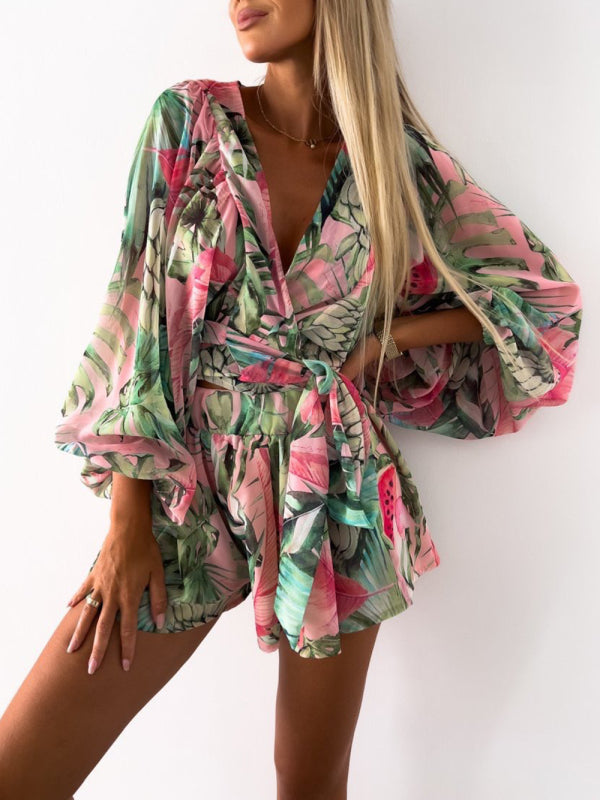 Women's Tropical Print Faux Wrap Puff Sleeve Romper