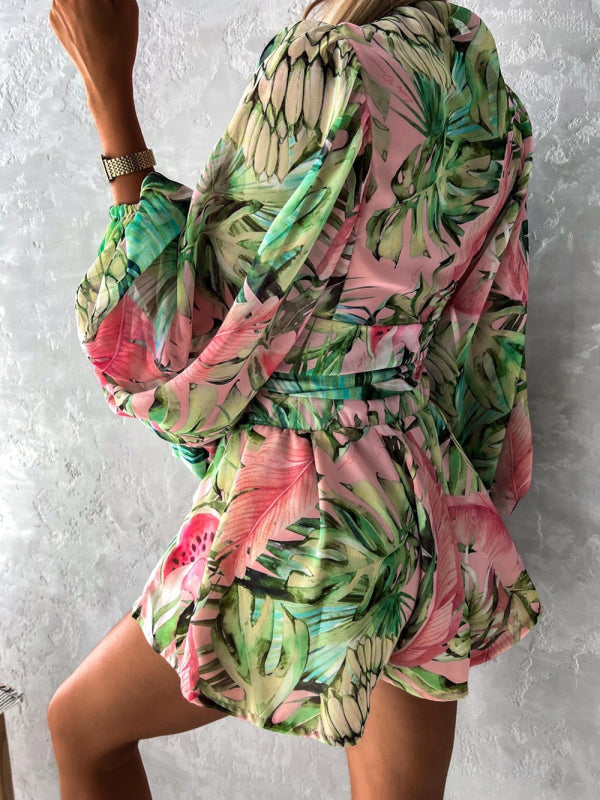 Women's Tropical Print Faux Wrap Puff Sleeve Romper