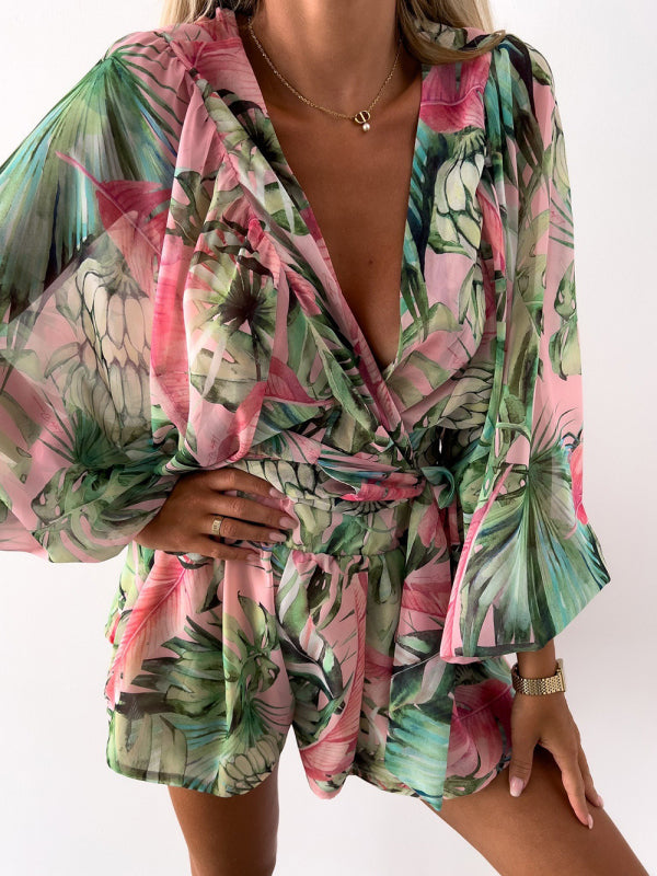 Women's Tropical Print Faux Wrap Puff Sleeve Romper