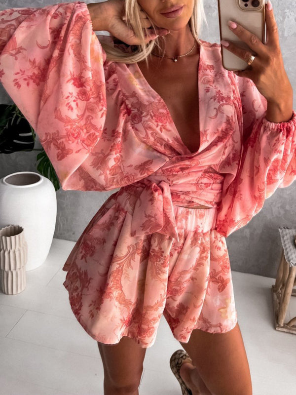 Women's Tropical Print Faux Wrap Puff Sleeve Romper