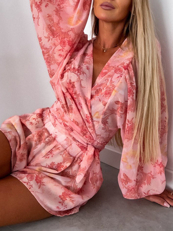 Women's Tropical Print Faux Wrap Puff Sleeve Romper