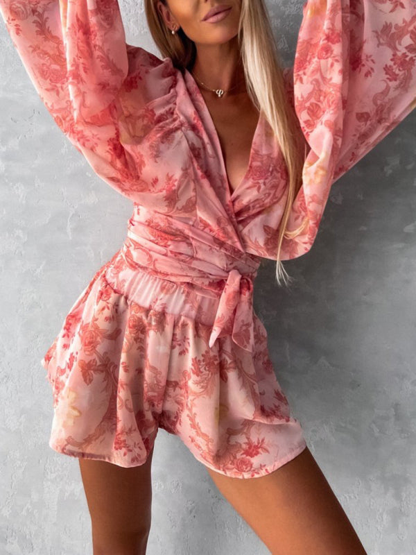 Women's Tropical Print Faux Wrap Puff Sleeve Romper