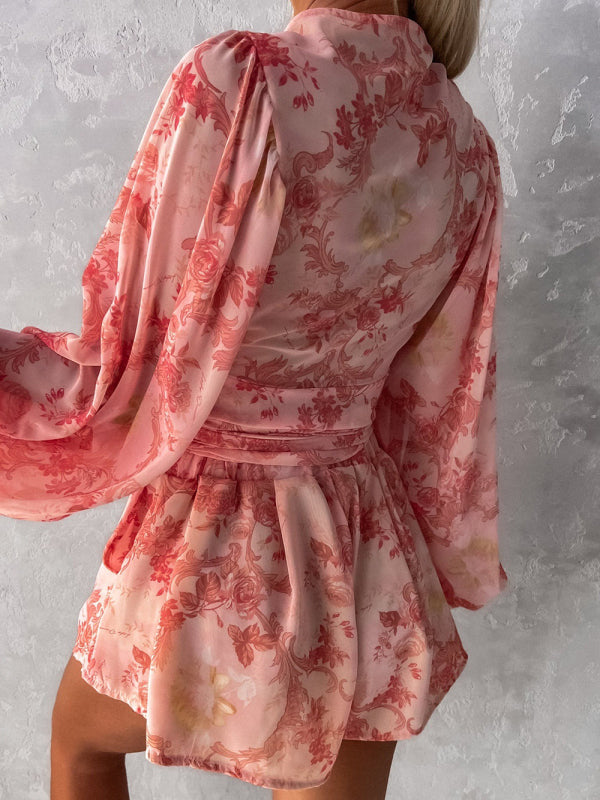 Women's Tropical Print Faux Wrap Puff Sleeve Romper