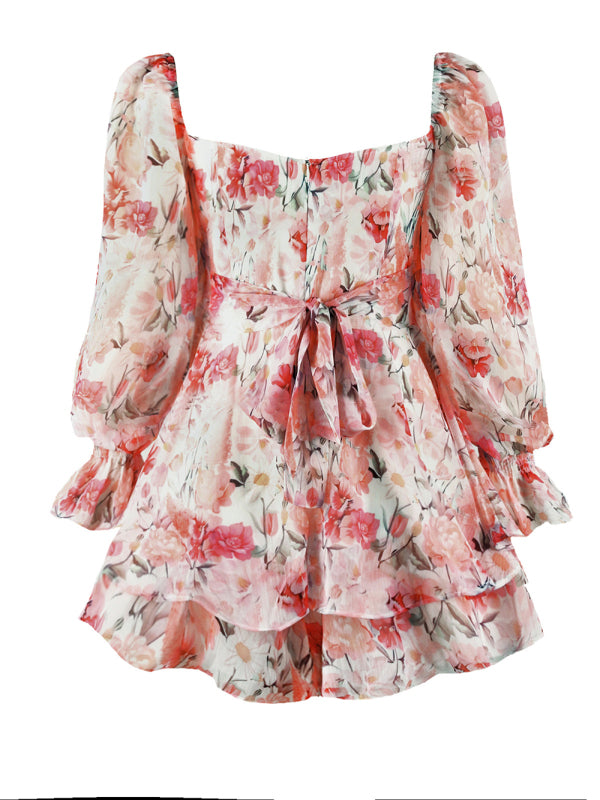 Women's Floral Print Sweetheart Puff Sleeve Rompers