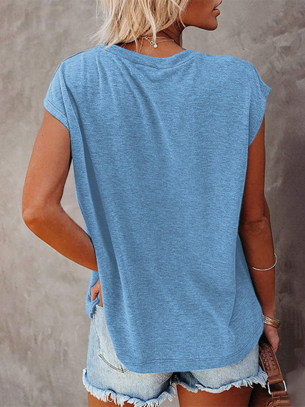 Women's Tops Solid Color Pocket Off Shoulder Round Neck Short Sleeve Women's T-Shirt