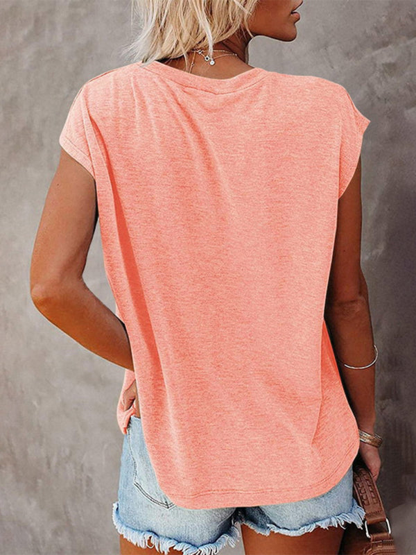 Women's Tops Solid Color Pocket Off Shoulder Round Neck Short Sleeve Women's T-Shirt