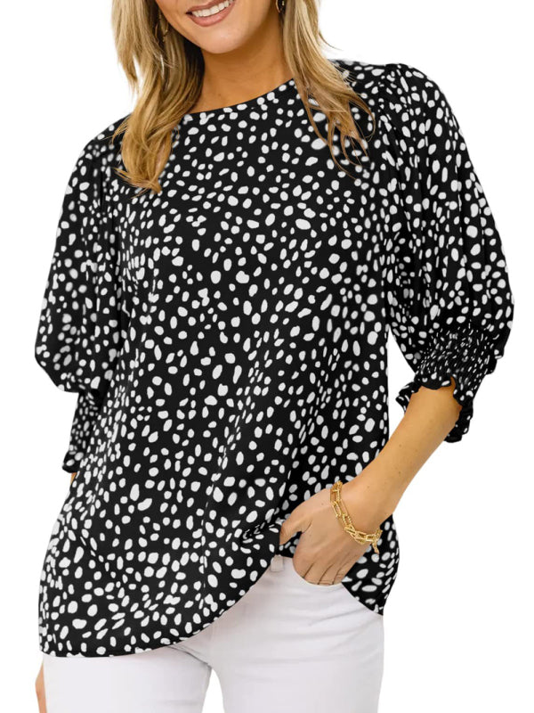 Women's Printed Puff Sleeve Smocked Hem Blouse Top