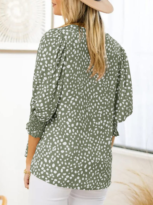 Women's Printed Puff Sleeve Smocked Hem Blouse Top