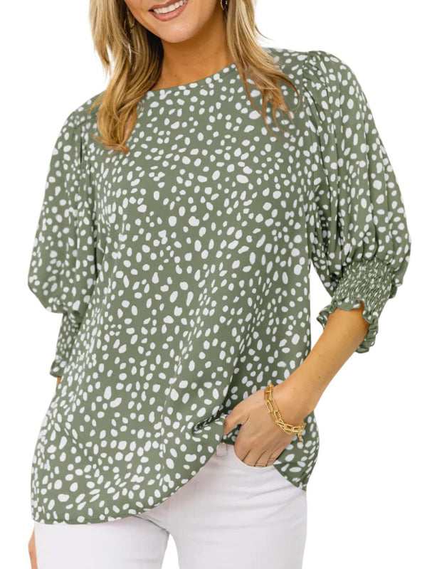 Women's Printed Puff Sleeve Smocked Hem Blouse Top