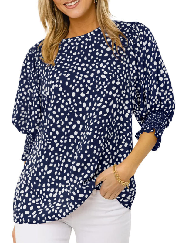 Women's Printed Puff Sleeve Smocked Hem Blouse Top