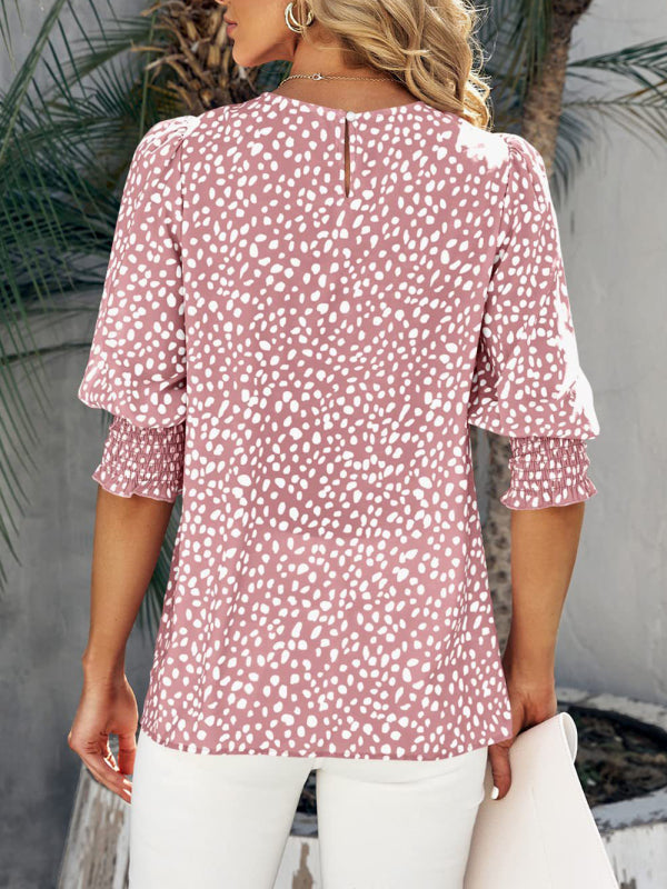 Women's Printed Puff Sleeve Smocked Hem Blouse Top