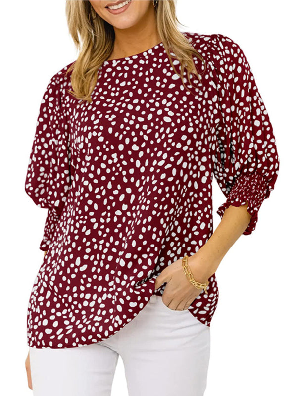 Women's Printed Puff Sleeve Smocked Hem Blouse Top