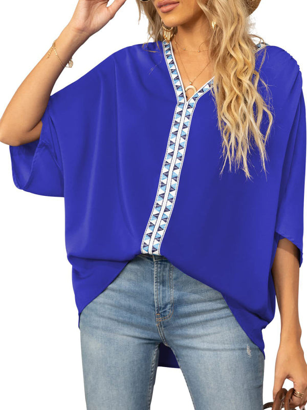 Women's V-neck Dolman Sleeve Top With Trim