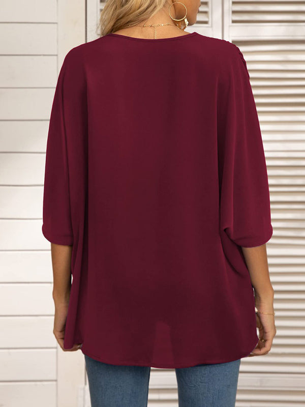 Women's V-neck Dolman Sleeve Top With Trim
