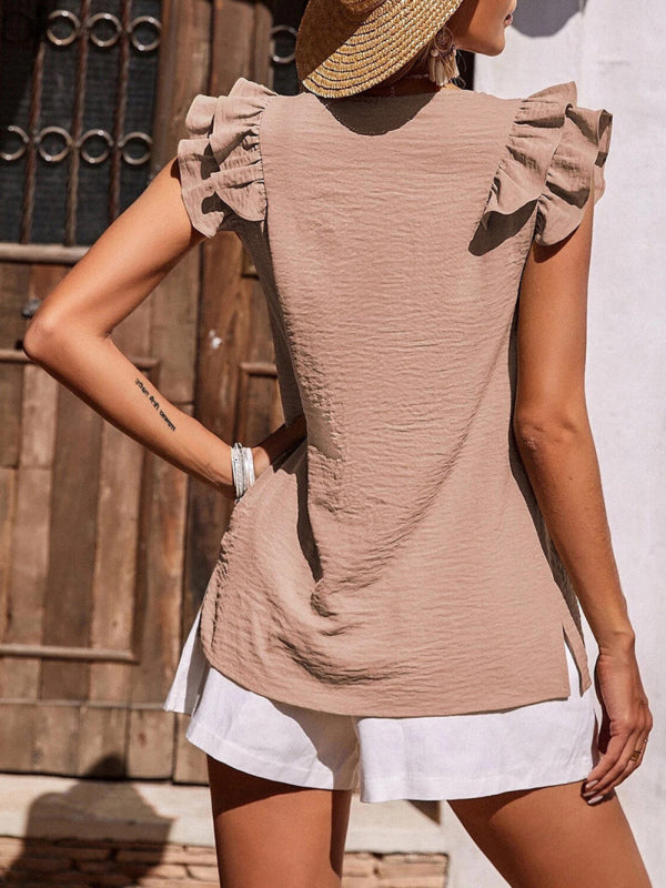Women's Solid Color Ruffle Short Sleeve V-neck Top