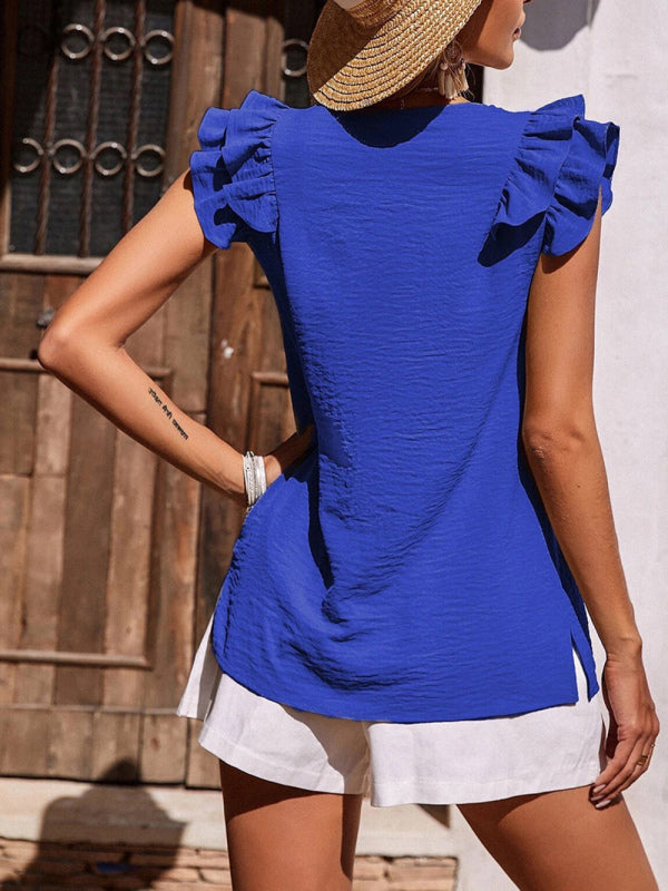 Women's Solid Color Ruffle Short Sleeve V-neck Top
