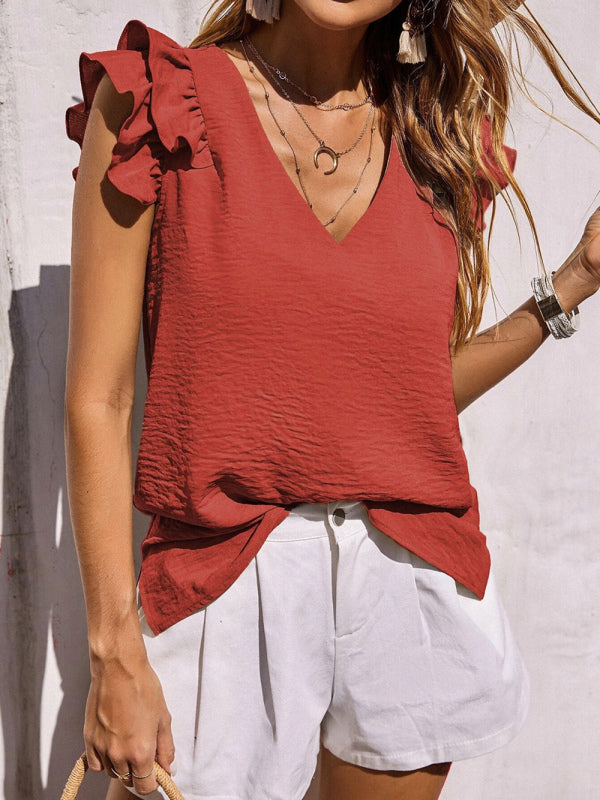 Women's Solid Color Ruffle Short Sleeve V-neck Top